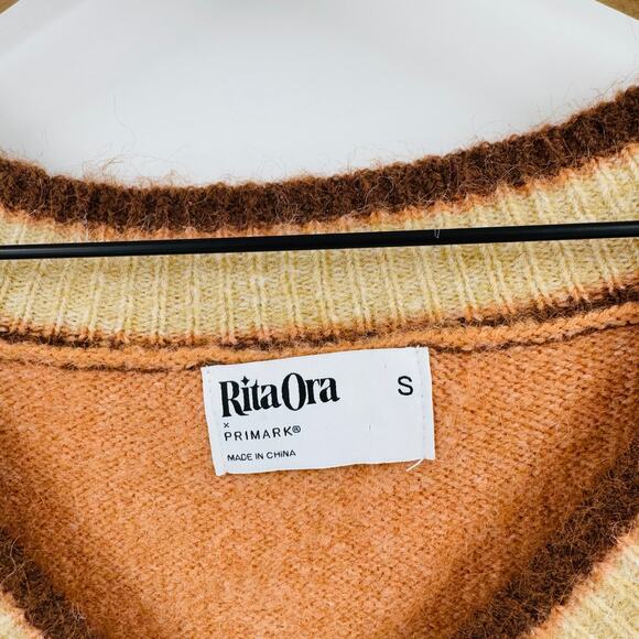 Rita Ora x Primark Tan V-Neck Striped Trim Fuzzy Knit Sweater Size Small - Picture 3 of 7